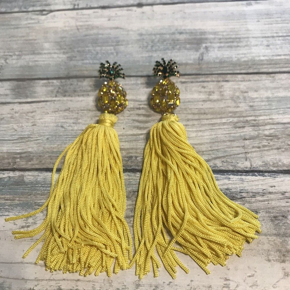 Pineapple Tassel EARRINGS Green Yellow Rhinestones 5" NWOT